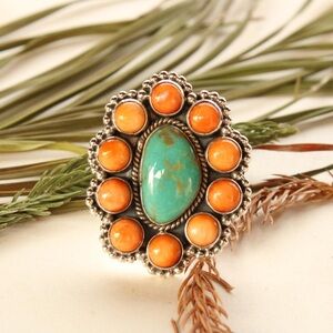 Turquoise and Orange Spiny Cluster Ring